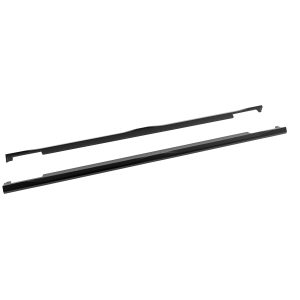Two black car roof rack crossbars with mounting brackets laid diagonally on a white background