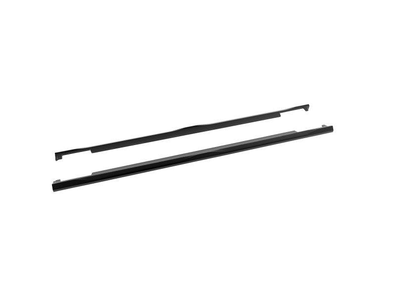 Two black car roof rack crossbars with mounting brackets laid diagonally on a white background