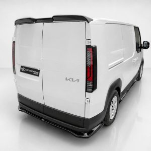 Rear-right view of a white Kia cargo van in a studio setting, showing the rear doors and taillights.