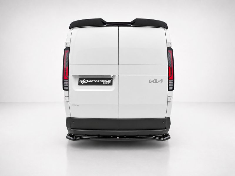 Rear view of a white cargo van with split rear doors, black bumper, and vertical red taillights; Motordrome Design badge visible on the left door.