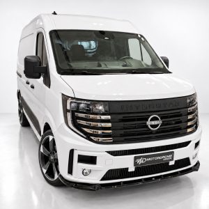 White Nissan Interstar van shown from a front-left angle in a bright studio setting .