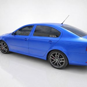 Blue four-door hatchback car seen from the rear-left side in a bright studio setting, with large black alloy wheels and a rear spoiler.