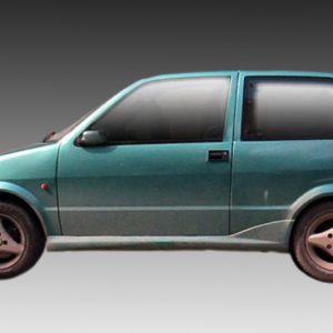 Side view of a teal compact hatchback car with two doors and small wheels on a gradient background.