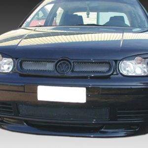 Front view of a black Volkswagen sedan with a visible grille and headlights, license plate obscured for privacy.