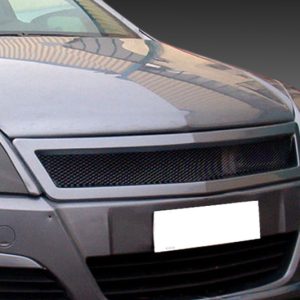 Front view of a silver car showing the grille, left headlight, and a blank license plate on the bumper (cropped image).
