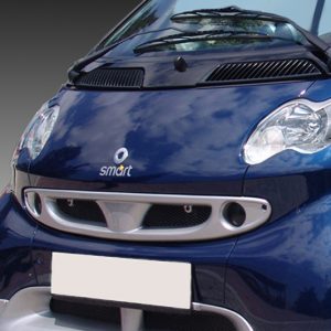 Front view of a blue Smart car with prominent headlights and grille, reflecting trees and sky.