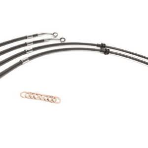 Five black hydraulic hoses with threaded metal fittings and looped ends, arranged on a white background, with a small pile of copper washers nearby.
