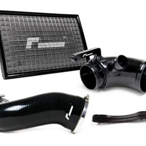 Black automotive air intake kit laid out: rectangular panel air filter, large curved plastic intake tube, flexible hose, and mounting hardware.