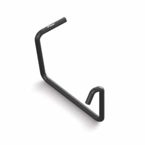 Black metal U-shaped bike lock laid on a white background, showing the curved shackle and locking end.