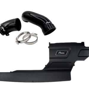 Car air intake kit with two black silicone pipes, metal clamps, and a black mounting panel.