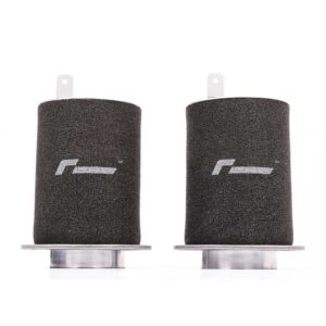 Pair of black cylindrical foam air filters with metal bases, likely for an air intake system (cars or motorcycles).