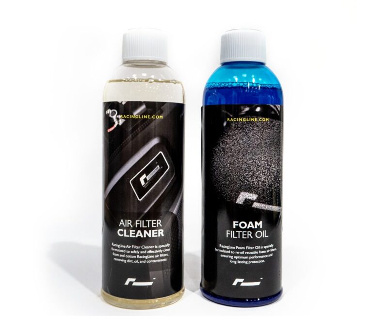 Two RacingLine bottles with white caps on a white background: left bottle contains Air Filter Cleaner, right bottle contains Foam Filter Oil (blue liquid).