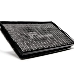 Rectangular car cabin air filter with a black frame and pleated gray media in a flat position.