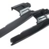 Racingline-Carbon-Lid-1jpg - OPSHOLDERS Two black carbon-fiber rails with rectangular cutouts and small mounting tabs, shown diagonally against a white background