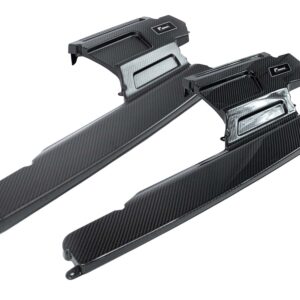Two black carbon-fiber rails with rectangular cutouts and small mounting tabs, shown diagonally against a white background
