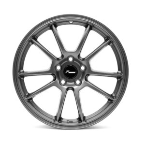 Gray ten-spoke alloy car wheel with a black center cap and printed logo, isolated on white background.
