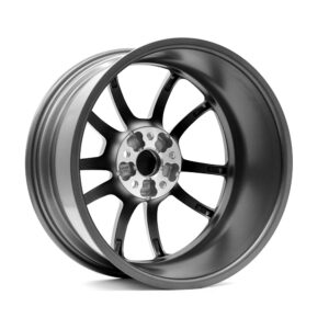 Alloy car wheel rim with multiple black spokes and a silver center hub, shown at an angle against a white background.