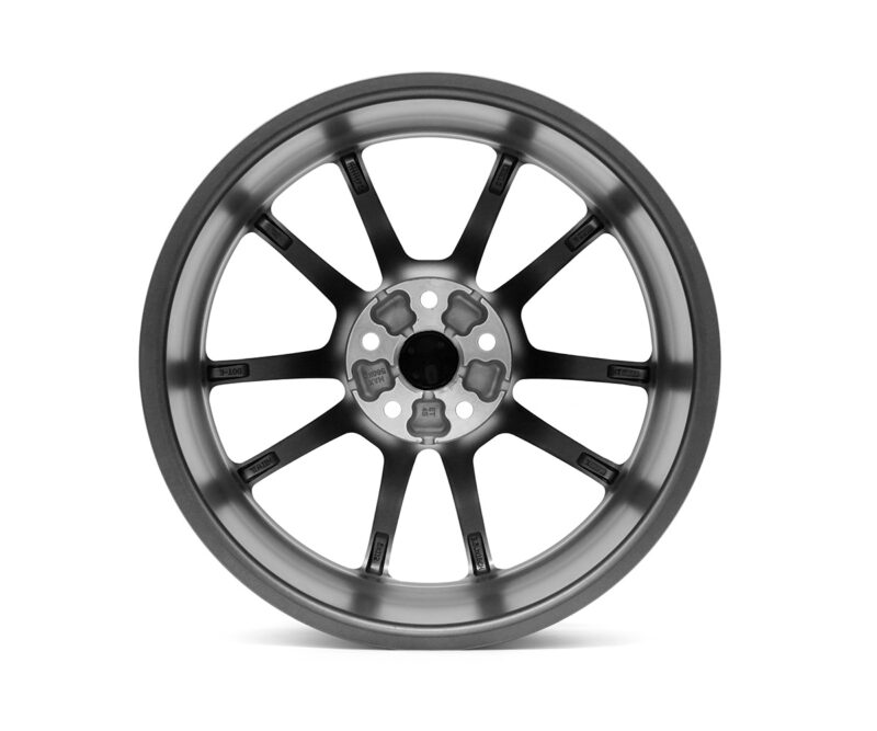 Ten-spoke alloy car wheel rim with a silver-toned finish and central hub
