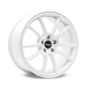 White multi‑spoke alloy car wheel with a black center cap and five lug holes (angled view)