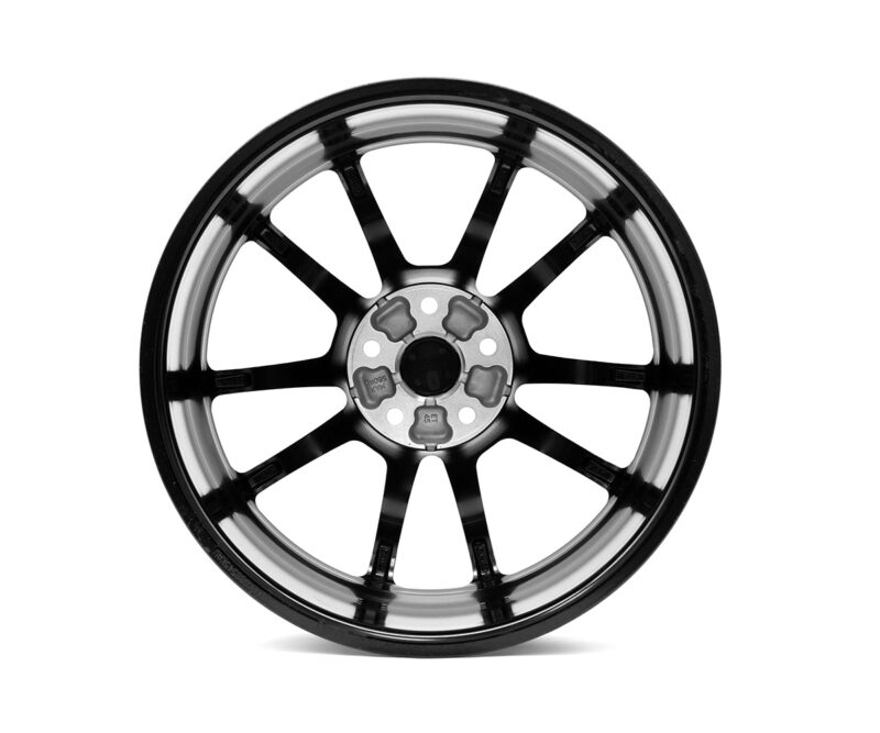 Racingline-Cup-Edition-EVO-Wheels-VWR610010_3-1jpg - OPSHOLDERS Black alloy car wheel with ten spokes and a silver outer lip, shown front-on