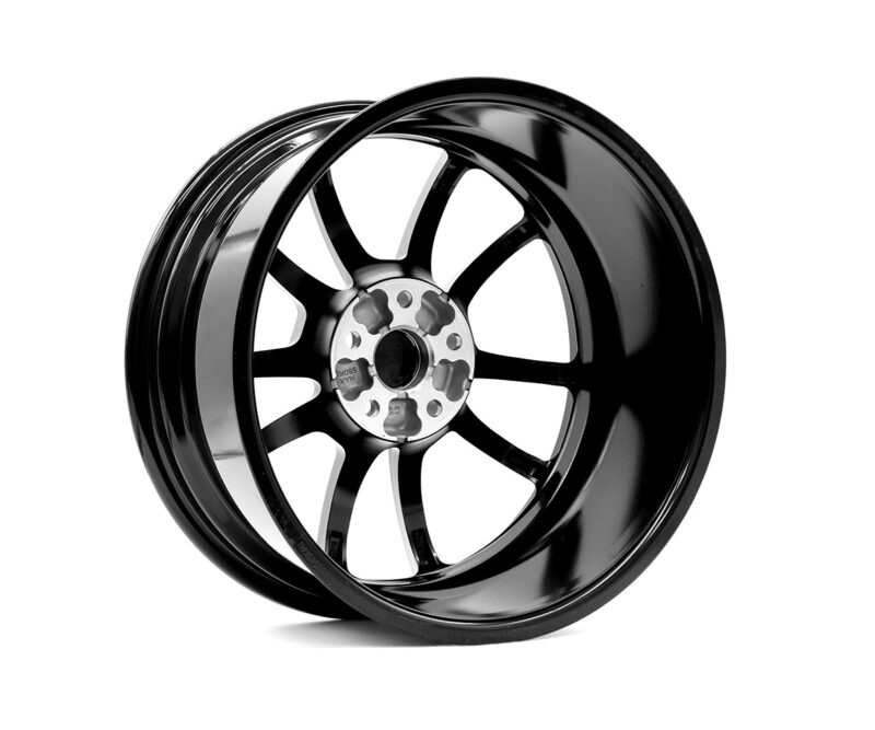 Racingline-Cup-Edition-EVO-Wheels-VWR610010_4-1jpg - OPSHOLDERS Glossy black alloy car wheel with eight spokes, isolated on a white background, showing a silver center hub.