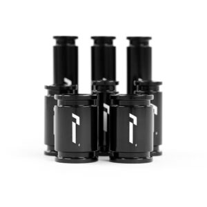 Racingline-DSG-Gearbox-Billet-Oil-Feed-Tubes-DQ500-DQ381-VWR040302_3jpg - OPSHOLDERS Six black vape atomizers arranged in a cluster on a white background, front row in focus. Their sleek cylindrical bodies feature a white stylized logo.