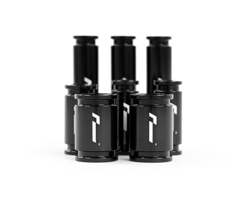 Racingline-DSG-Gearbox-Billet-Oil-Feed-Tubes-DQ500-DQ381-VWR040302_3jpg - OPSHOLDERS Six black vape atomizers arranged in a cluster on a white background, front row in focus. Their sleek cylindrical bodies feature a white stylized logo.