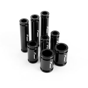 Racingline-DSG-Gearbox-Billet-Oil-Feed-Tubes-DQ500-DQ381-VWR040302_4jpg - OPSHOLDERS Cluster of glossy black cylindrical tubes with white markings on a white background.