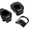 Racingline-Dogbone-Mount-Insert-1jpg - OPSHOLDERS Three black plastic mounting adapters with circular openings and a white logo, arranged on a white background.