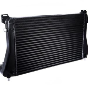 Black automotive radiator with fins and side inlet/outlet connections, angled for display