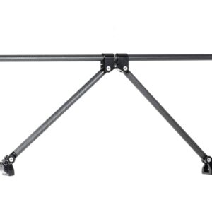 Carbon fiber camera rig with a central joint and two horizontal arms extending left and right, secured by clamps.