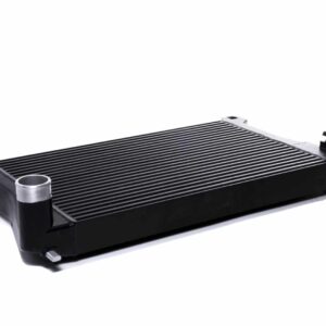 Racingline-MQB-Intercooler-3-1jpg - OPSHOLDERS Automotive radiator core with black end tanks and dense aluminum fins for engine cooling.