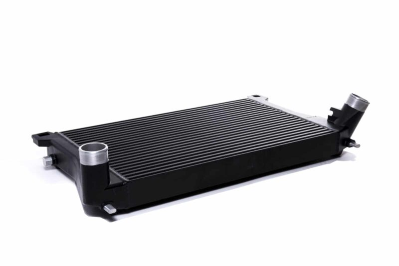 Racingline-MQB-Intercooler-3-1jpg - OPSHOLDERS Automotive radiator core with black end tanks and dense aluminum fins for engine cooling.