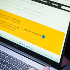 Racingline-PDM-Home-Tuning-VWR031000_7-1jpg - OPSHOLDERS Laptop screen showing a webpage with a large yellow panel and a status message: 'All good, ready to move to STEP 4' next to a blue check icon.
