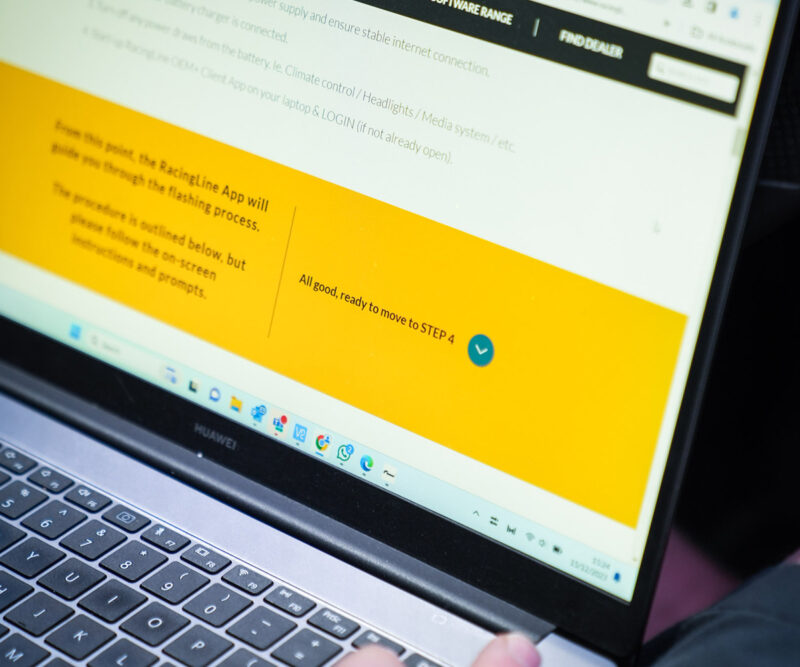 Racingline-PDM-Home-Tuning-VWR031000_7-1jpg - OPSHOLDERS Laptop screen showing a webpage with a large yellow panel and a status message: 'All good, ready to move to STEP 4' next to a blue check icon.
