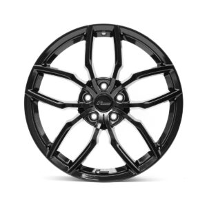 Racingline-R360-Wheel-Black-2jpg - OPSHOLDERS Black glossy alloy wheel with a split five-spoke design and a central hub marked by a small logo.