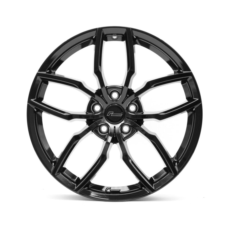 Racingline-R360-Wheel-Black-2jpg - OPSHOLDERS Black glossy alloy wheel with a split five-spoke design and a central hub marked by a small logo.