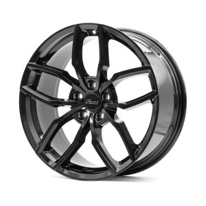 Racingline-R360-Wheel-Black-300x300-1jpg - OPSHOLDERS Glossy black alloy car wheel with five dual spokes and a polished lip, shown at an angle to highlight depth and finish.