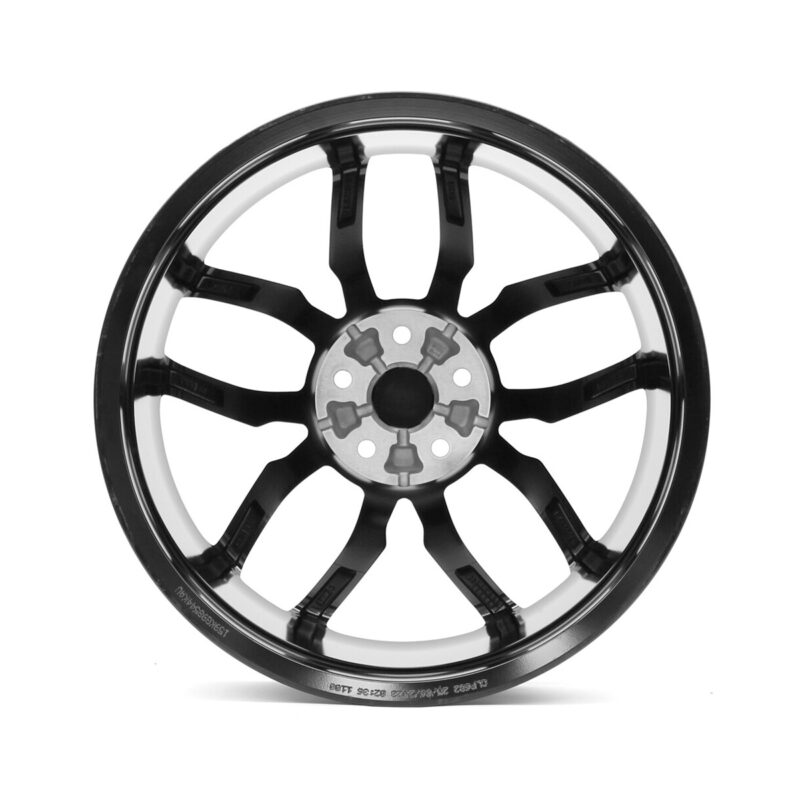 Racingline-R360-Wheel-Black-Backjpg - OPSHOLDERS Black and silver alloy car wheel rim with eight spokes and a central hub, shown against a white background, highlight design details