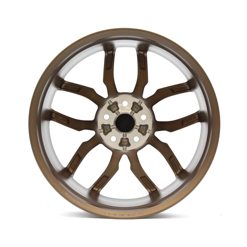 Racingline-R360-Wheel-Copper-Back-1jpg - OPSHOLDERS Bronze eight-spoke alloy car wheel with silver inner lip and central hub.