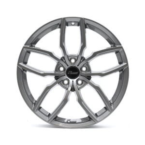 Racingline-R360-Wheel-Gunmetal-2jpg - OPSHOLDERS Gray alloy car wheel rim with eight angular spokes and a central brand-logo cap