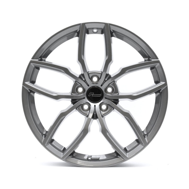 Racingline-R360-Wheel-Gunmetal-2jpg - OPSHOLDERS Gray alloy car wheel rim with eight angular spokes and a central brand-logo cap