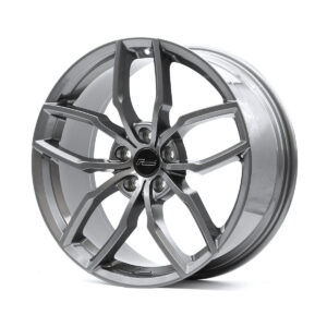 Grey multi-spoke alloy car wheel with a black center cap and silver finish.