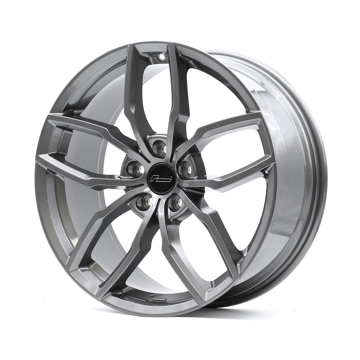 Racingline-R360-Wheel-Gunmetaljpg - OPSHOLDERS Grey multi-spoke alloy car wheel with a black center cap and silver finish.