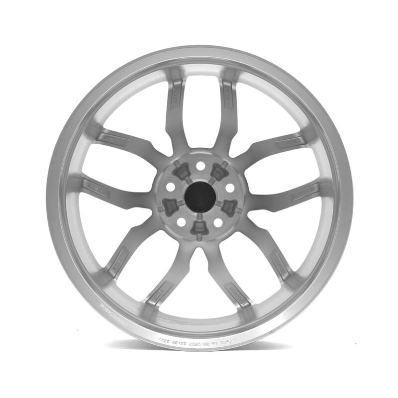 Racingline-R360-Wheel-Silver-Backjpg - OPSHOLDERS Silver alloy car wheel with eight spokes and central hub, shown against a white background