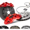 Racingline-Stage-3-Monoblock-Brakes-1jpg - OPSHOLDERS Red brake calipers clamping large ventilated rotors with hydraulic lines and mounting hardware; shows color options in black, bronze, and silver below.