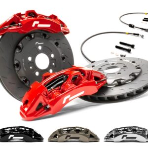 Red brake calipers clamping large ventilated rotors with hydraulic lines and mounting hardware; shows color options in black, bronze, and silver below.