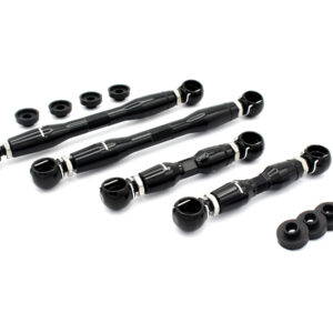 Four black bicycle handlebar ends with silver clamps and accompanying rubber spacers on a white background.