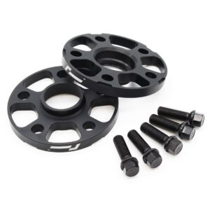Spacers1-1jpg - OPSHOLDERS Pair of black wheel spacers with evenly spaced cutouts and accompanying bolts, likely bike wheel hub spacers and fasteners set