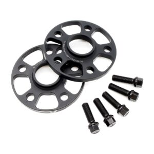 Two black disc brake rotor spacers with mounting bolts arranged beside them.